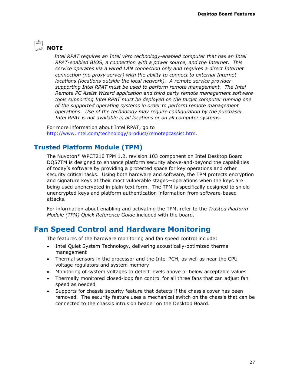 Fan speed control and hardware monitoring, Trusted platform module (tpm) | Intel DQ57TM User Manual | Page 27 / 88