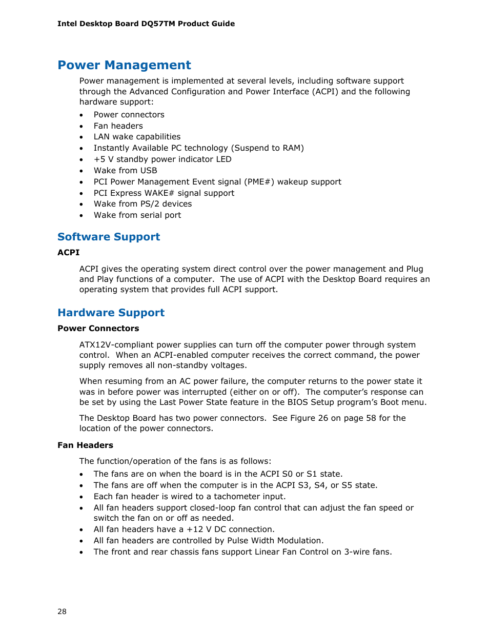 Power management, Software support, Hardware support | Intel DQ57TM User Manual | Page 28 / 88