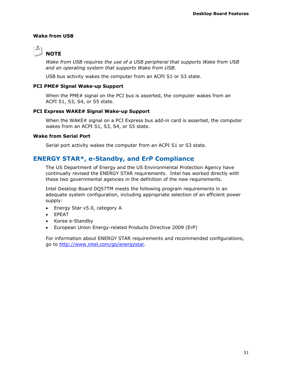 Energy star*, e-standby, and erp compliance | Intel DQ57TM User Manual | Page 31 / 88