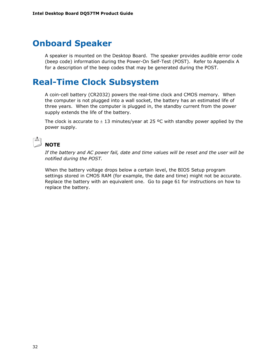 Onboard speaker, Real-time clock subsystem | Intel DQ57TM User Manual | Page 32 / 88