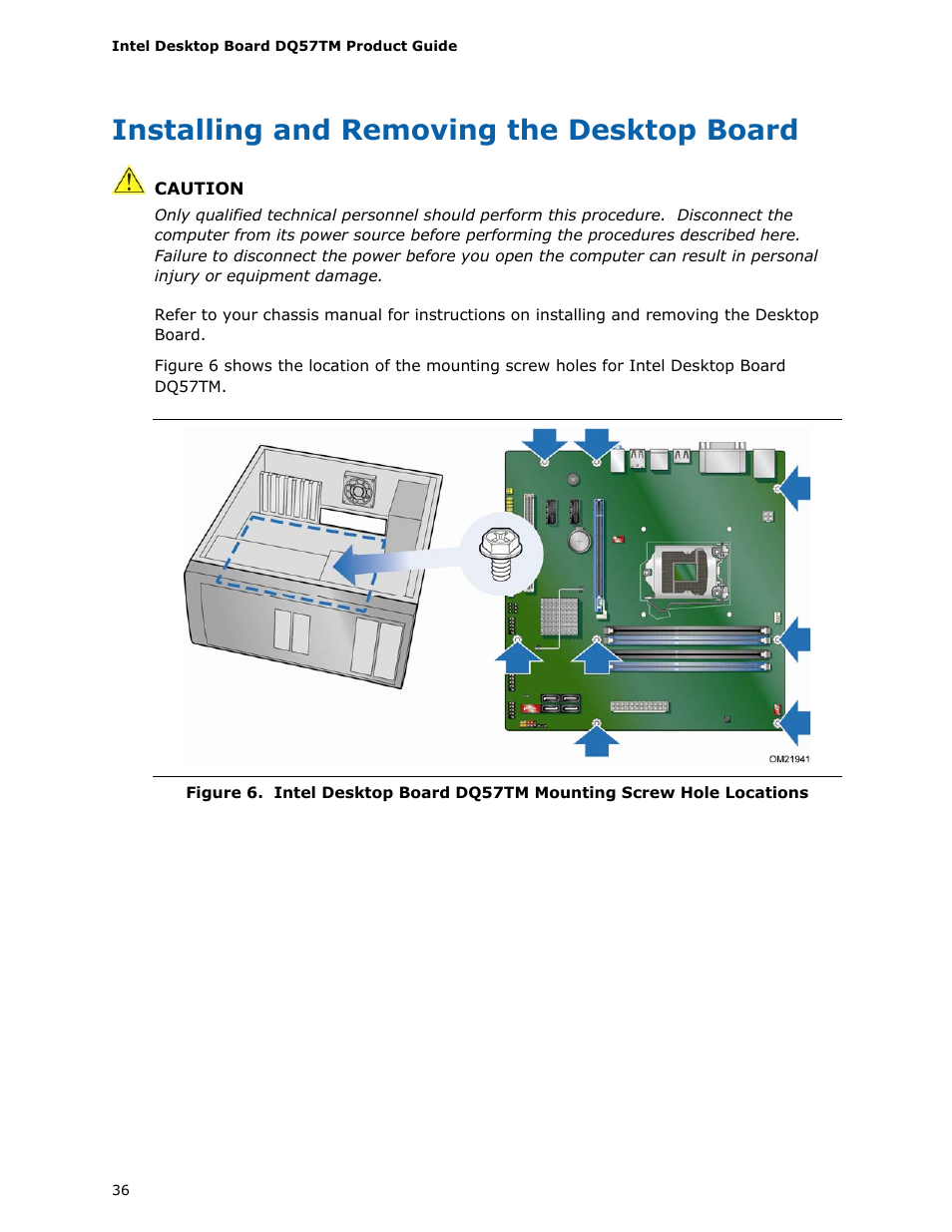 Installing and removing the desktop board | Intel DQ57TM User Manual | Page 36 / 88