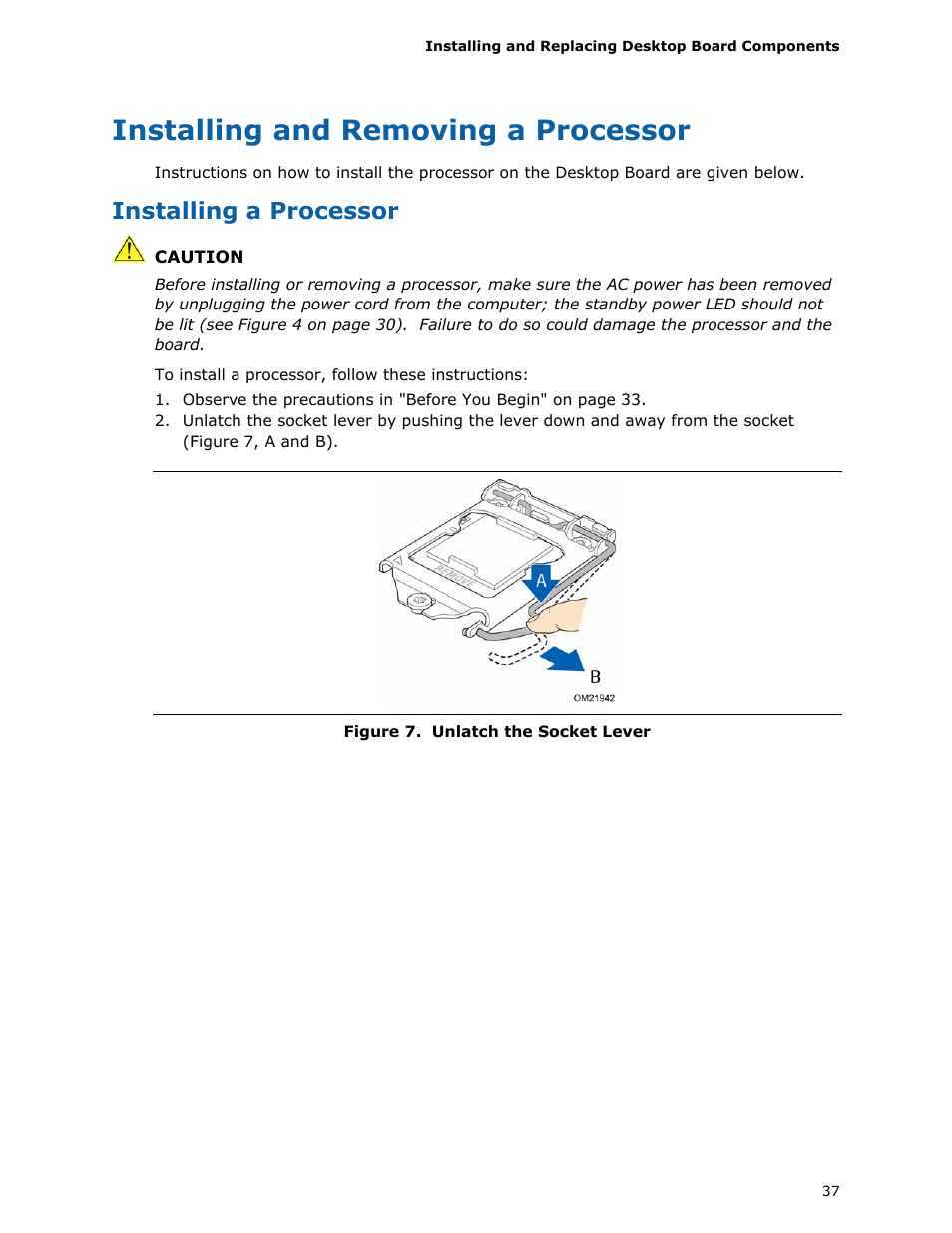 Installing and removing a processor, Installing a processor | Intel DQ57TM User Manual | Page 37 / 88