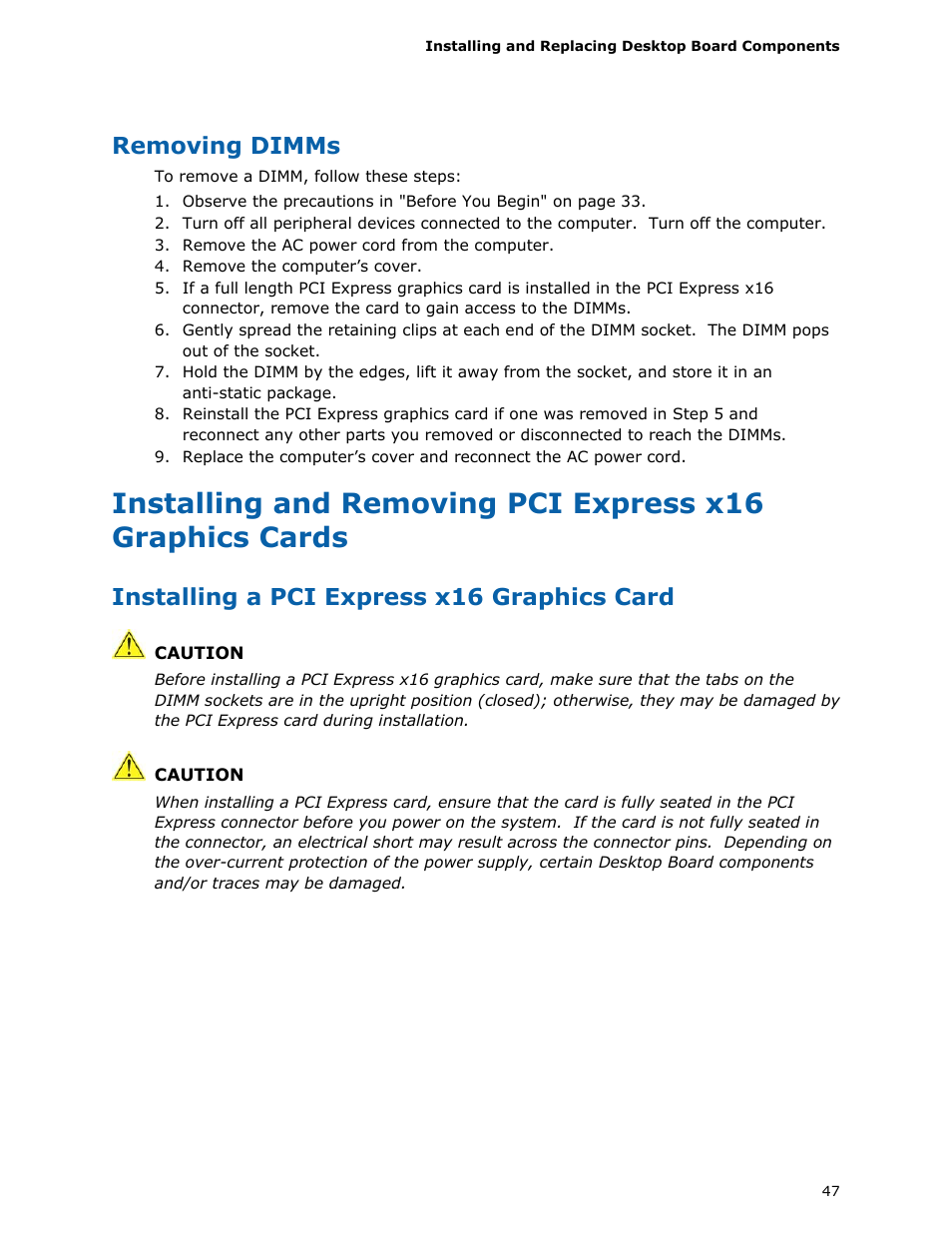 Removing dimms, Installing a pci express x16 graphics card | Intel DQ57TM User Manual | Page 47 / 88