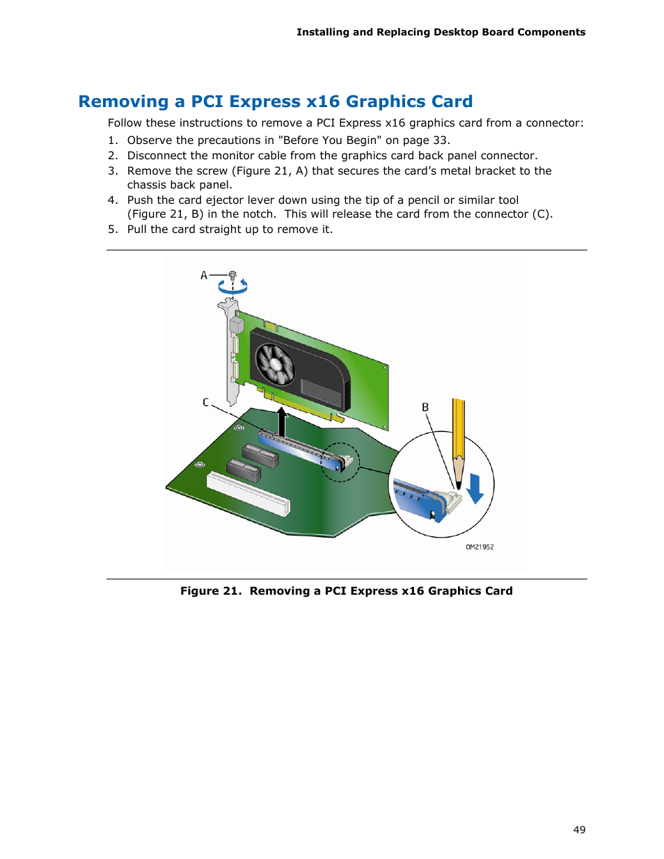 Removing a pci express x16 graphics card | Intel DQ57TM User Manual | Page 49 / 88