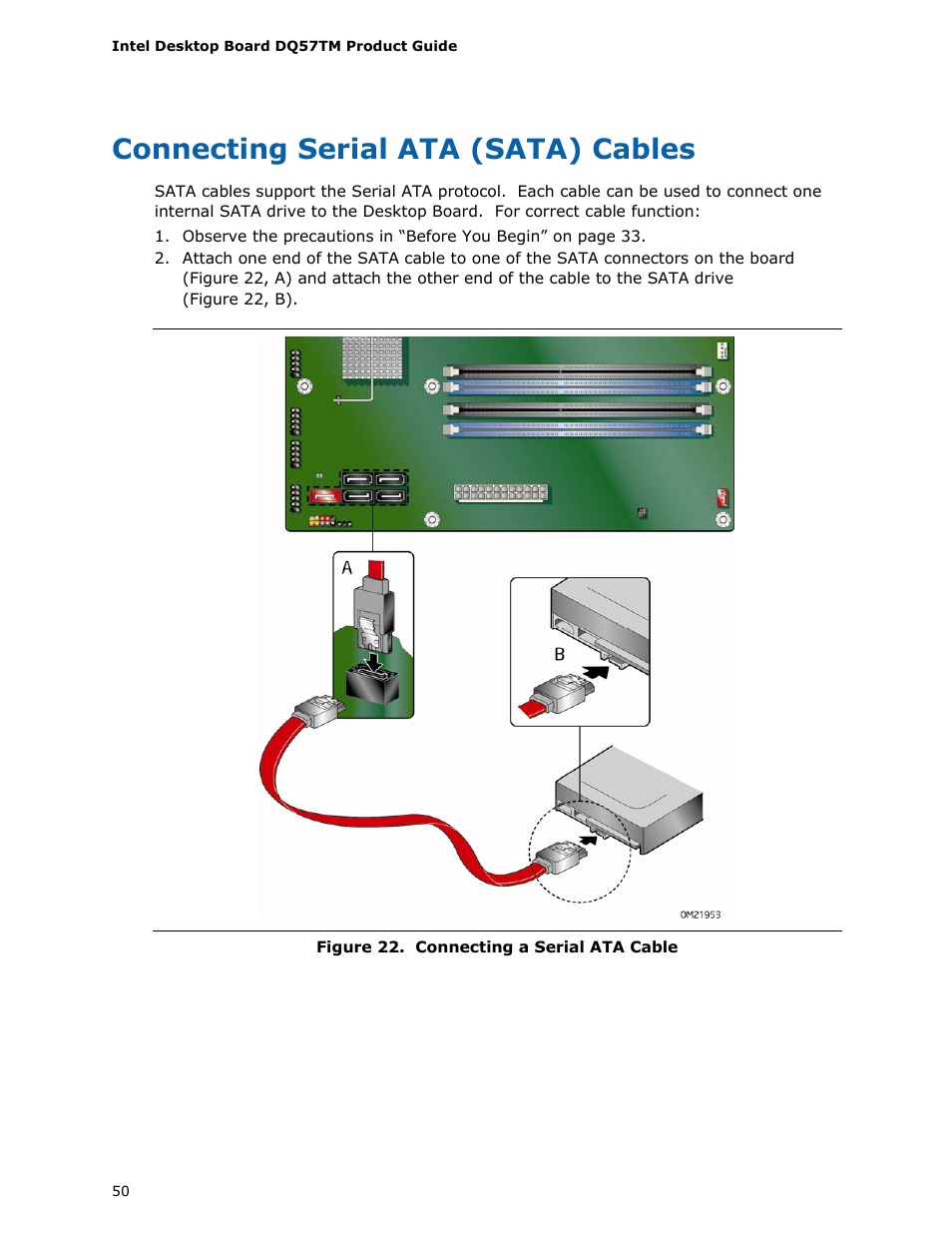 Connecting serial ata (sata) cables | Intel DQ57TM User Manual | Page 50 / 88