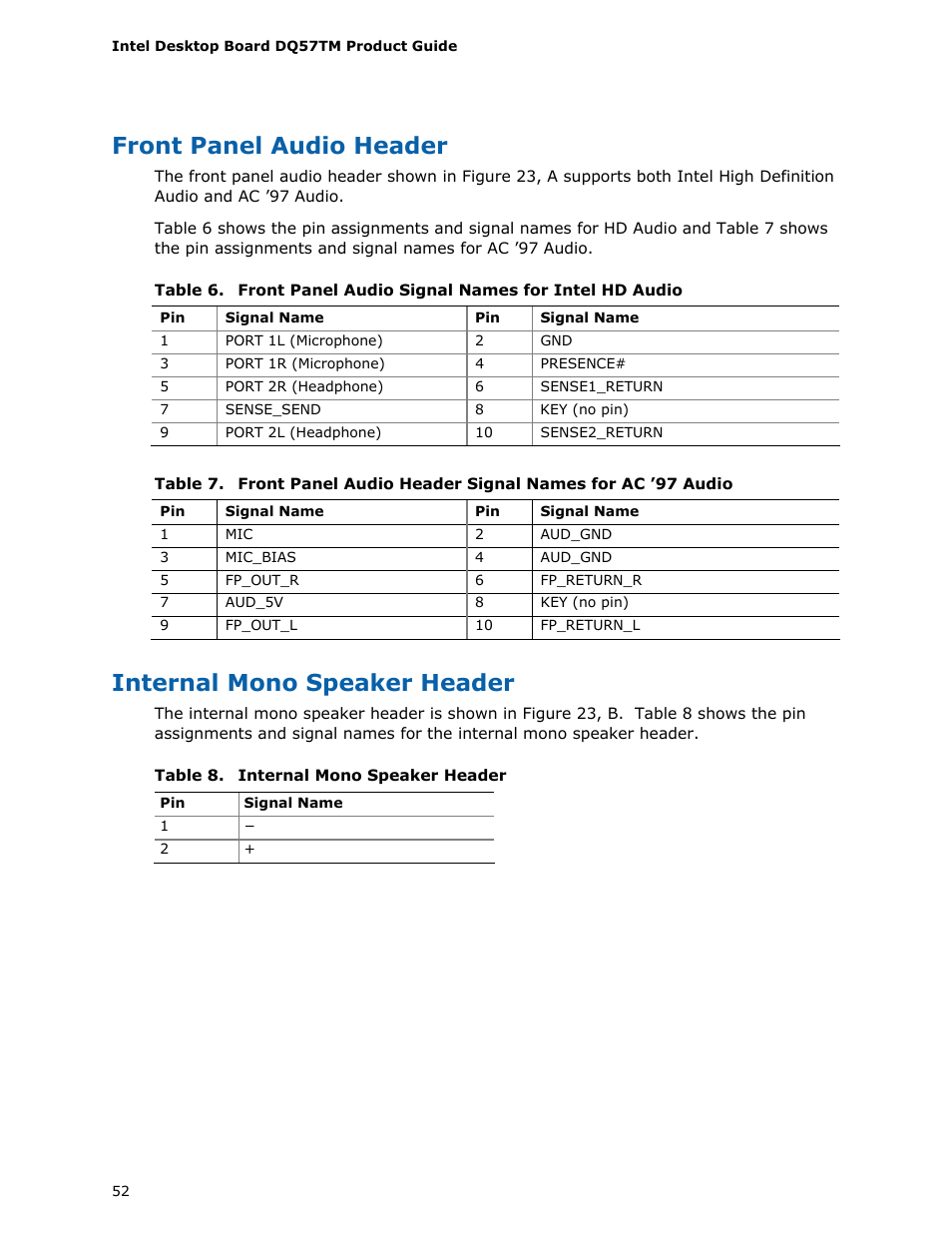 Front panel audio header, Internal mono speaker header | Intel DQ57TM User Manual | Page 52 / 88