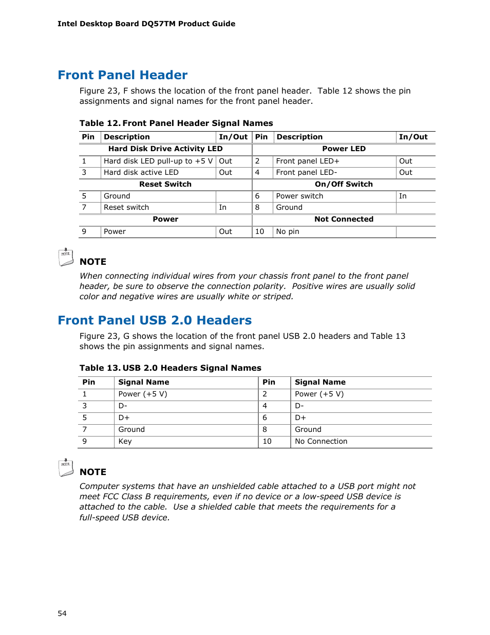 Front panel header, Front panel usb 2.0 headers | Intel DQ57TM User Manual | Page 54 / 88