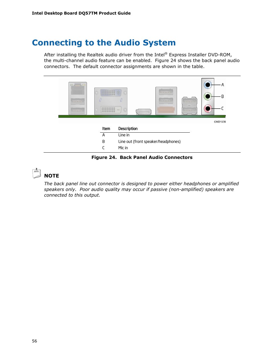 Connecting to the audio system | Intel DQ57TM User Manual | Page 56 / 88