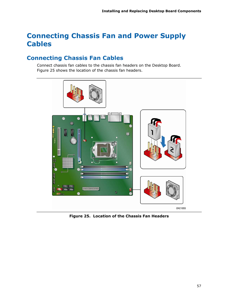 Connecting chassis fan and power supply cables, Connecting chassis fan cables | Intel DQ57TM User Manual | Page 57 / 88