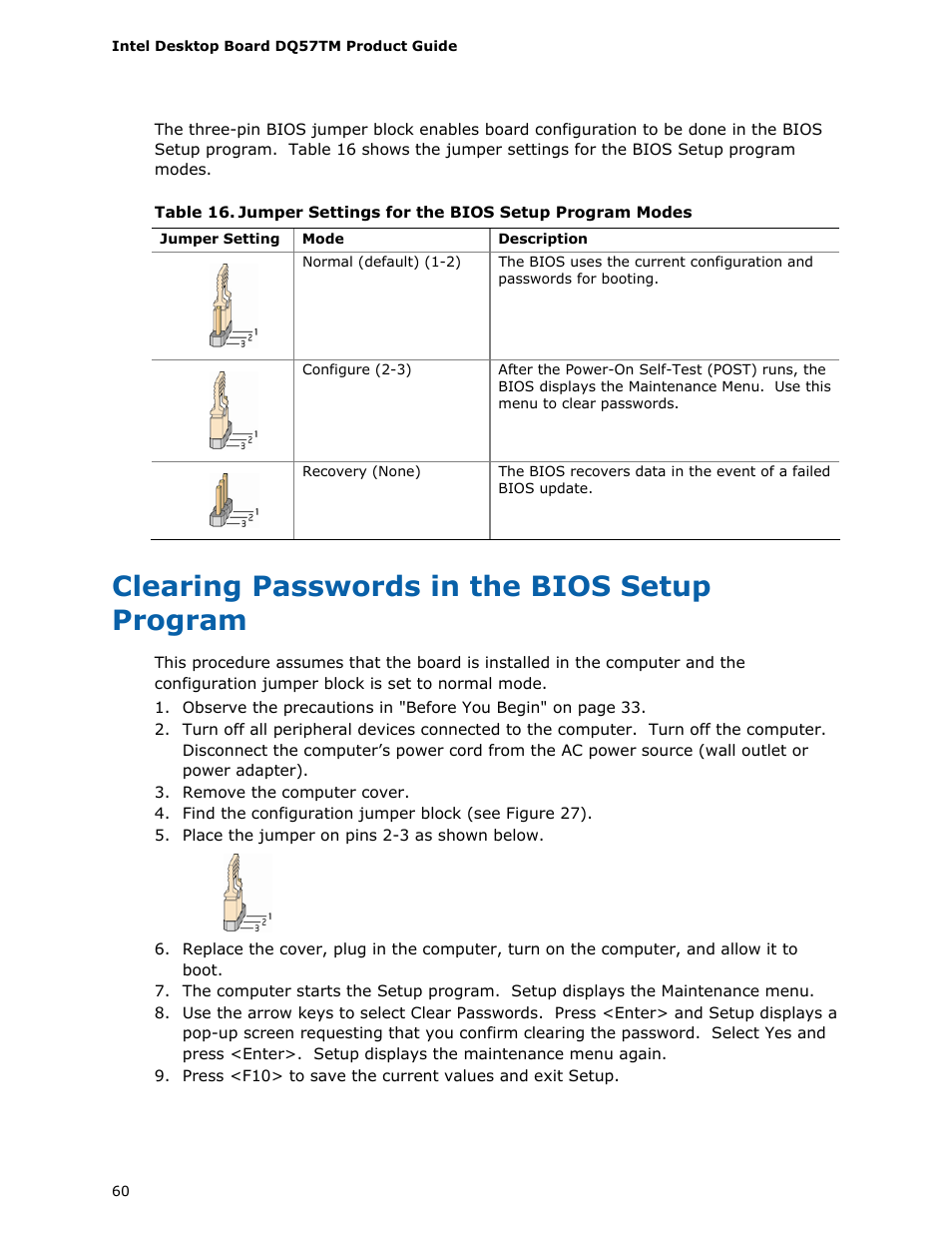 Clearing passwords in the bios setup program | Intel DQ57TM User Manual | Page 60 / 88