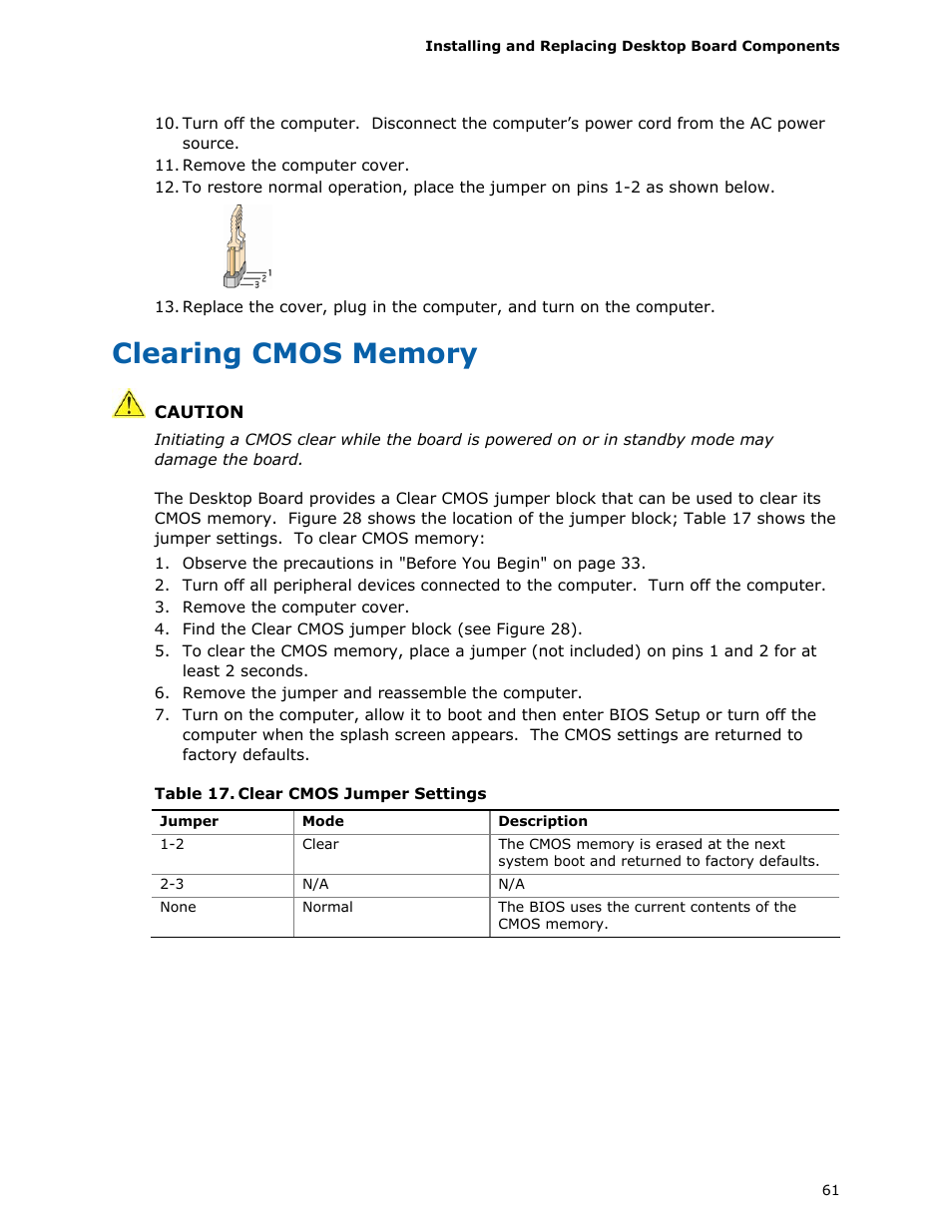 Clearing cmos memory | Intel DQ57TM User Manual | Page 61 / 88