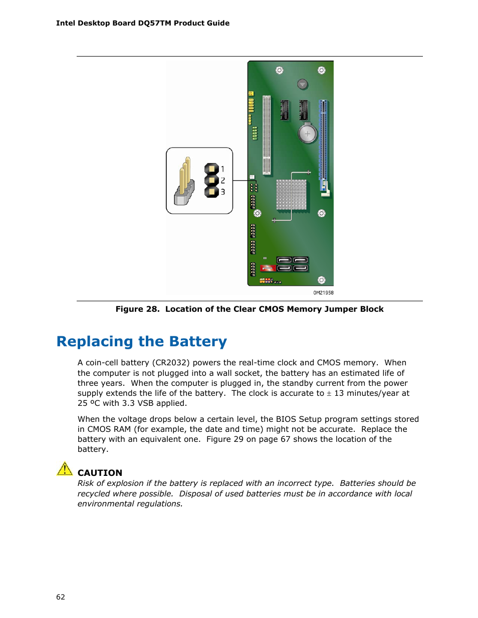 Replacing the battery, Ry. figure 28 sh, Os jumper block (see figure 28) | Intel DQ57TM User Manual | Page 62 / 88