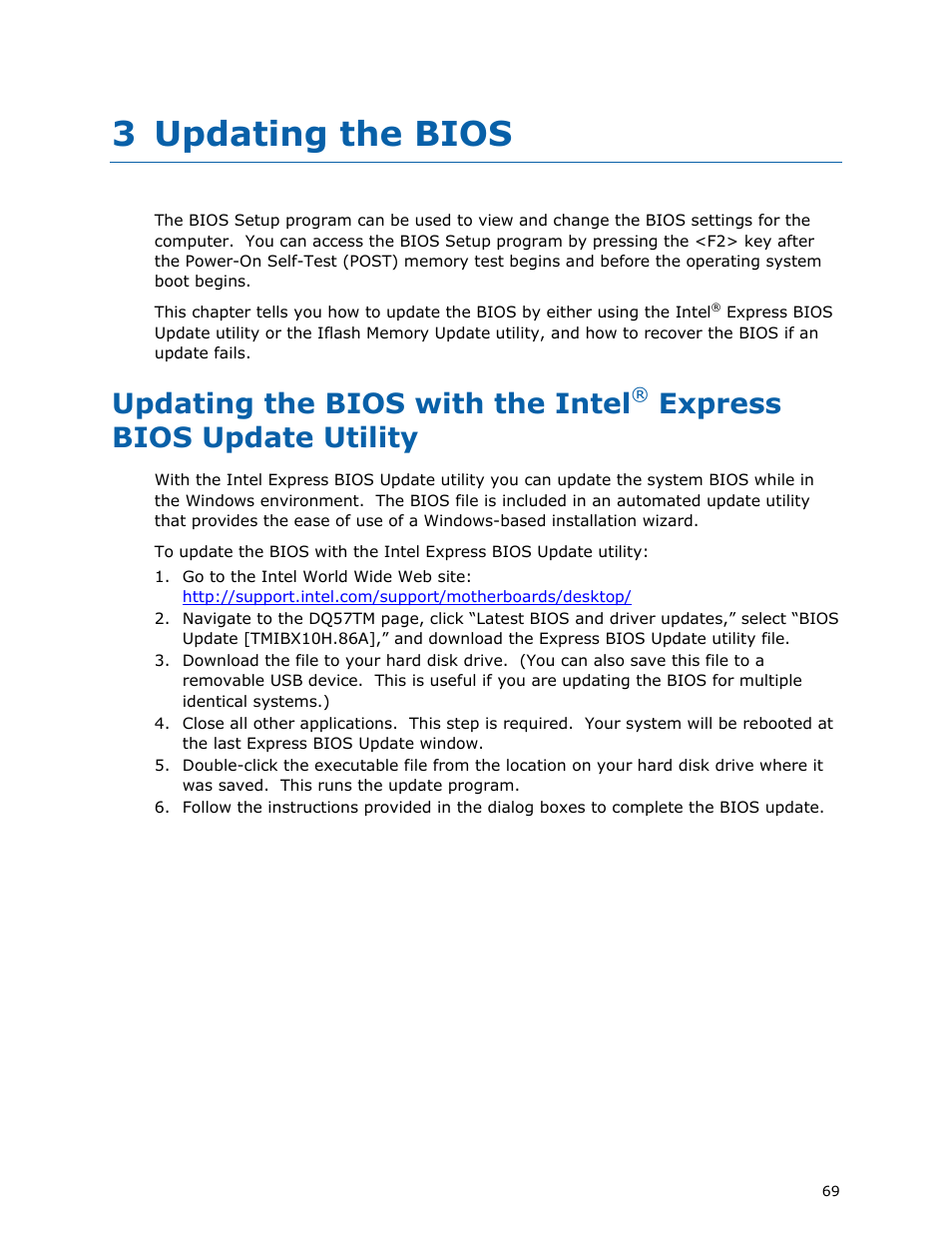 3 updating the bios, Updating the bios with the intel, Express bios update utility | Intel DQ57TM User Manual | Page 69 / 88