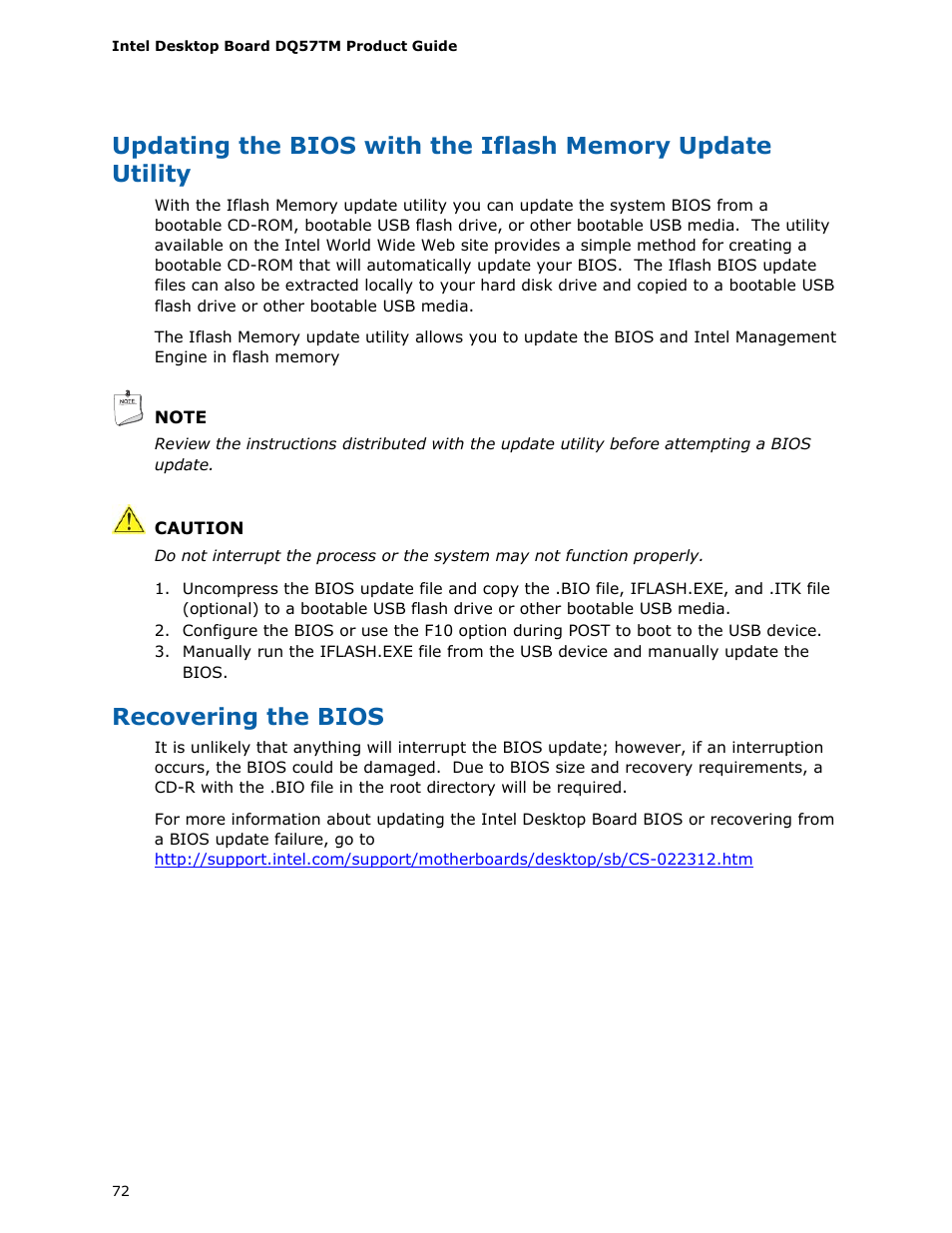 Recovering the bios | Intel DQ57TM User Manual | Page 72 / 88