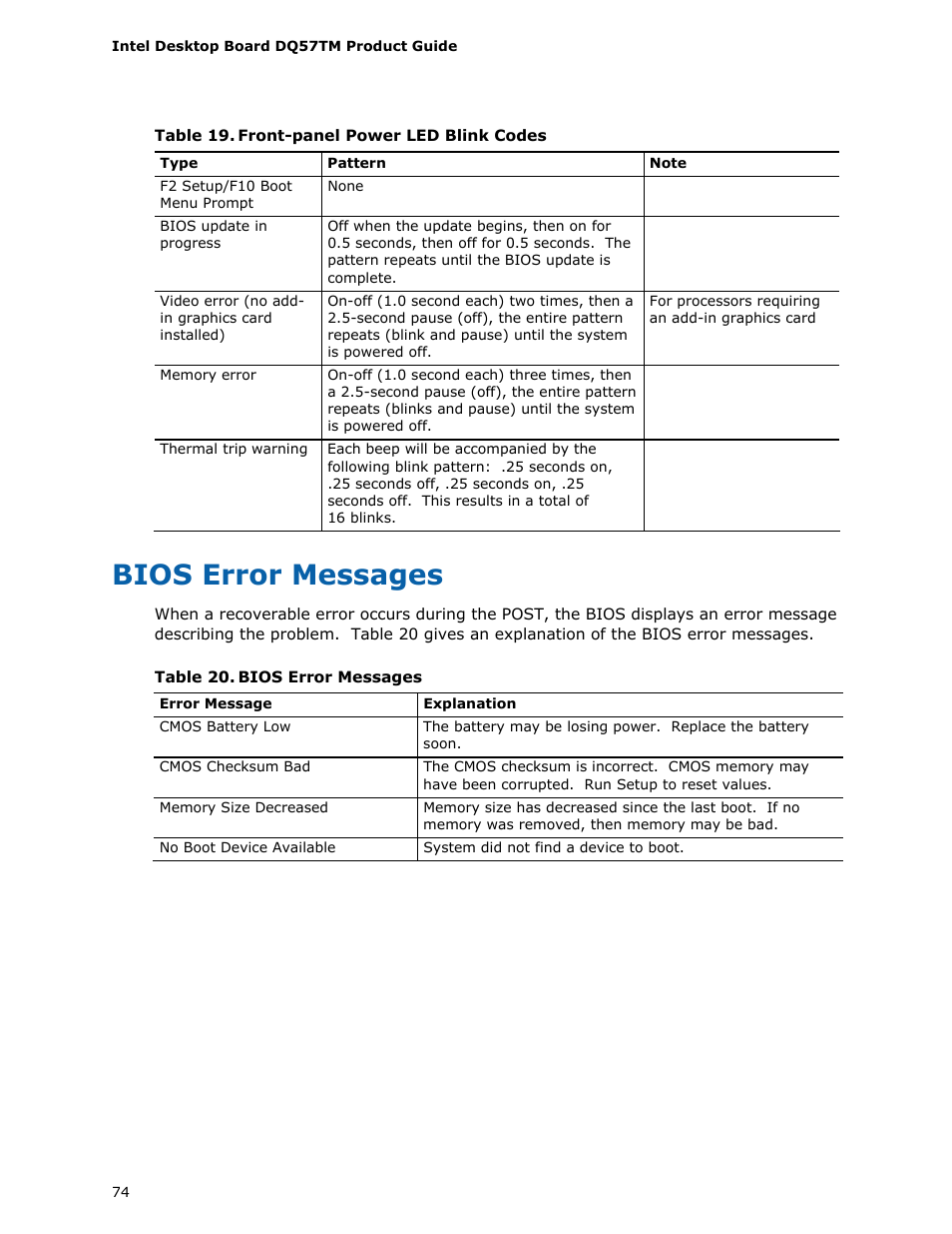 Bios error messages | Intel DQ57TM User Manual | Page 74 / 88