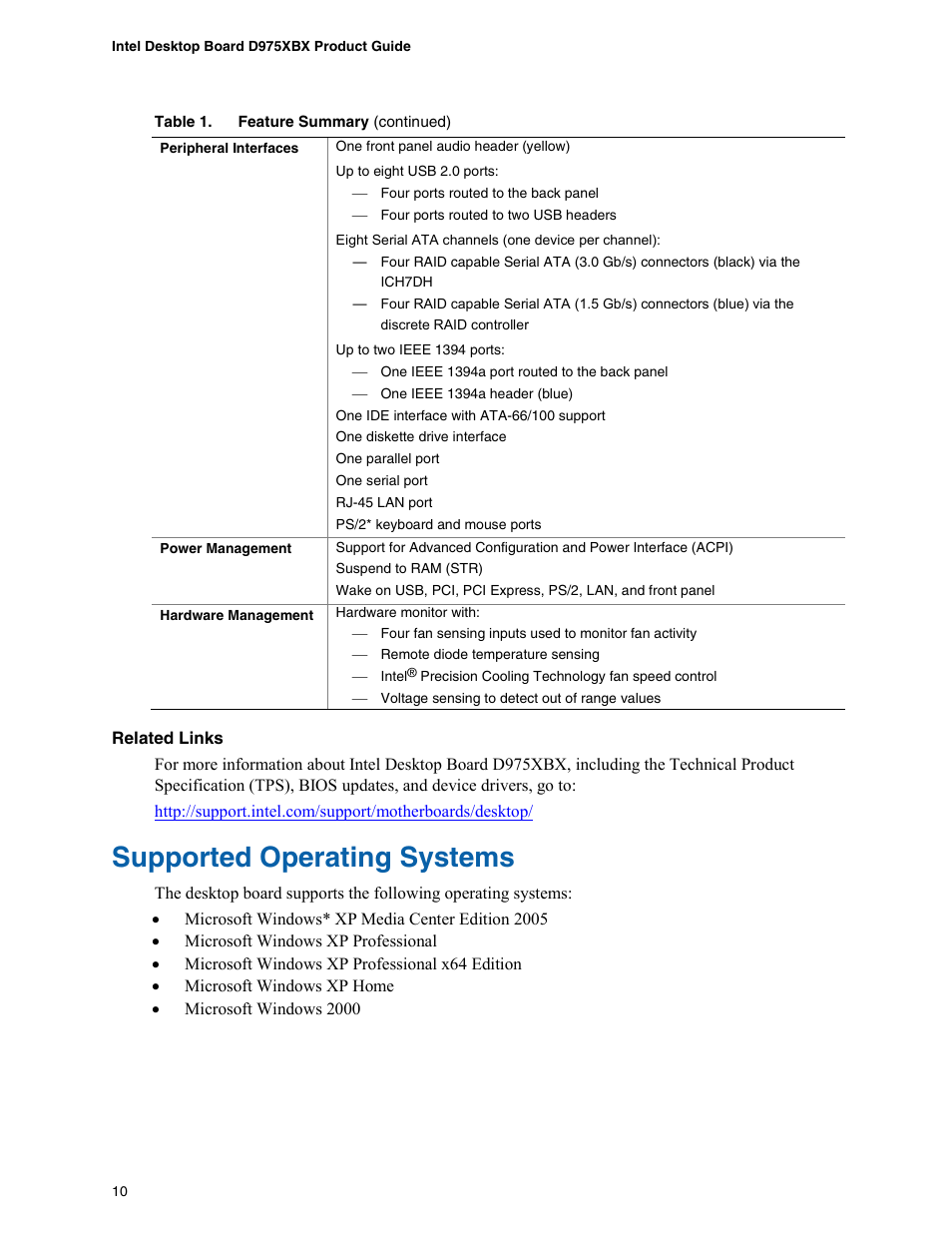 Supported operating systems | Intel D975XBX User Manual | Page 10 / 78