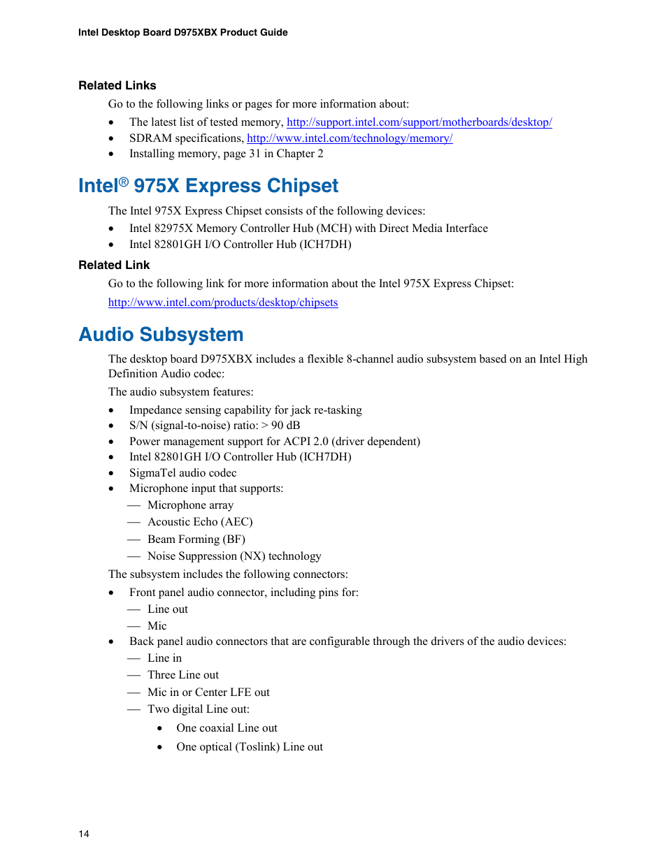 Intel, 975x express chipset, Audio subsystem | Intel D975XBX User Manual | Page 14 / 78