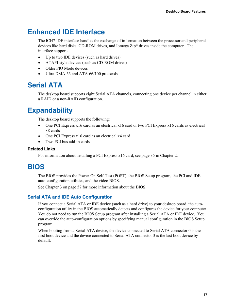 Enhanced ide interface, Serial ata, Expandability | Bios | Intel D975XBX User Manual | Page 17 / 78