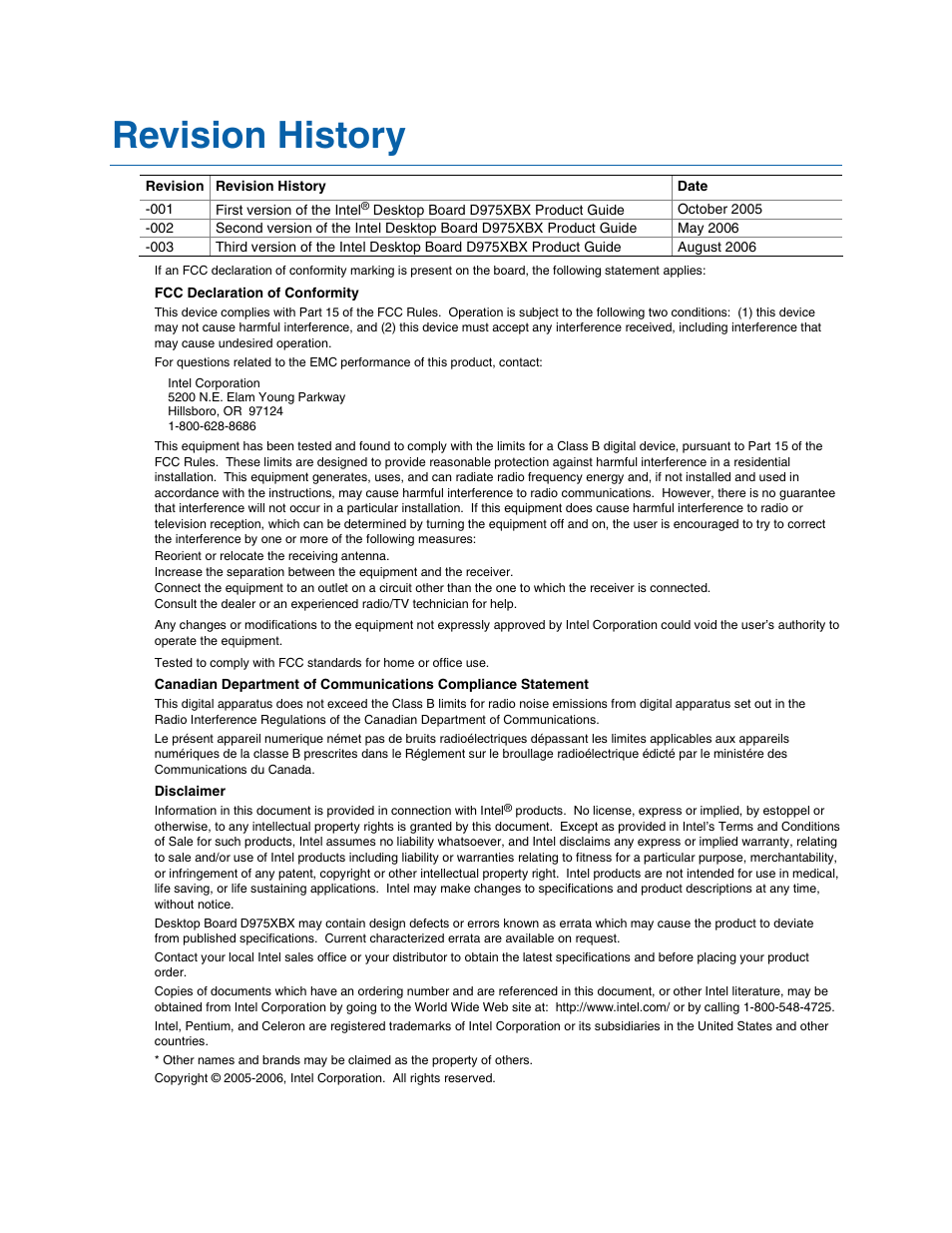 Revision history | Intel D975XBX User Manual | Page 2 / 78