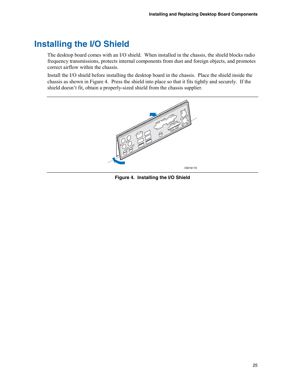 Installing the i/o shield | Intel D975XBX User Manual | Page 25 / 78