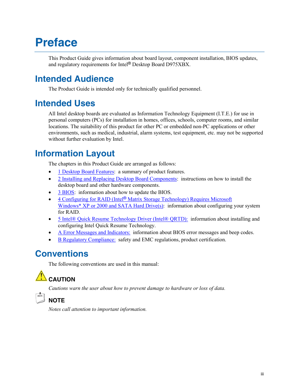 Preface, Intended audience, Intended uses | Information layout, Conventions | Intel D975XBX User Manual | Page 3 / 78