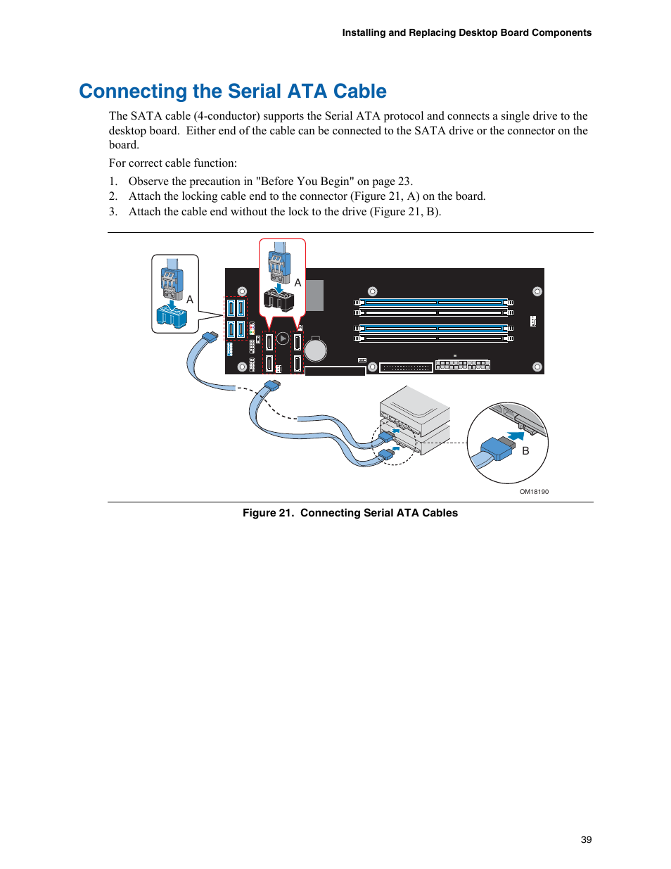 Connecting the serial ata cable | Intel D975XBX User Manual | Page 39 / 78