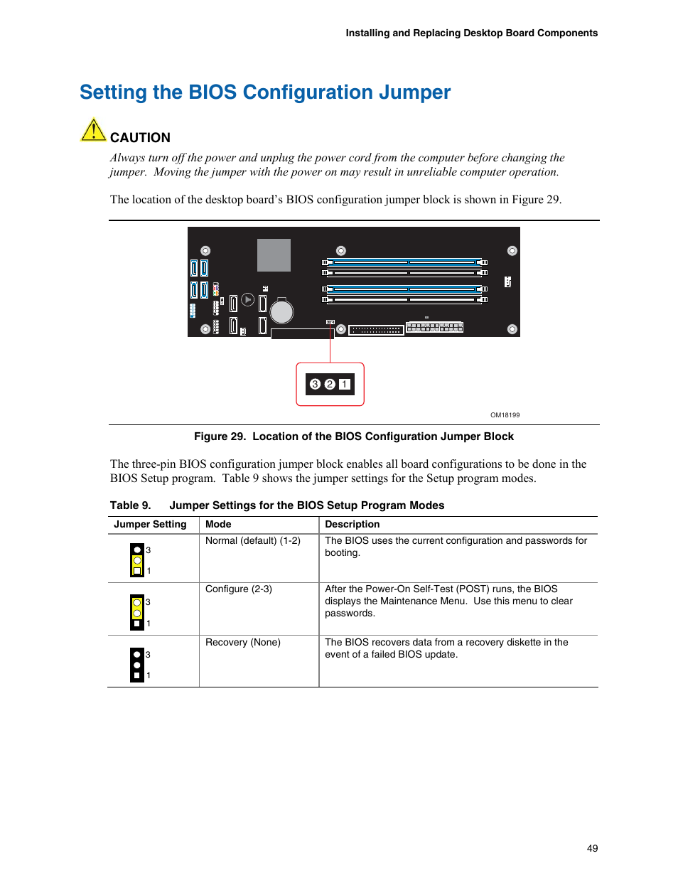 Setting the bios configuration jumper, Caution | Intel D975XBX User Manual | Page 49 / 78