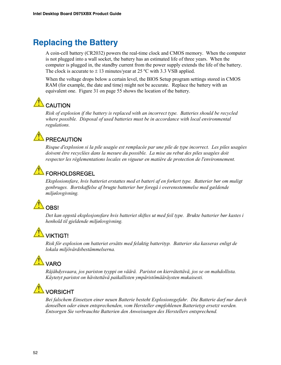 Replacing the battery | Intel D975XBX User Manual | Page 52 / 78