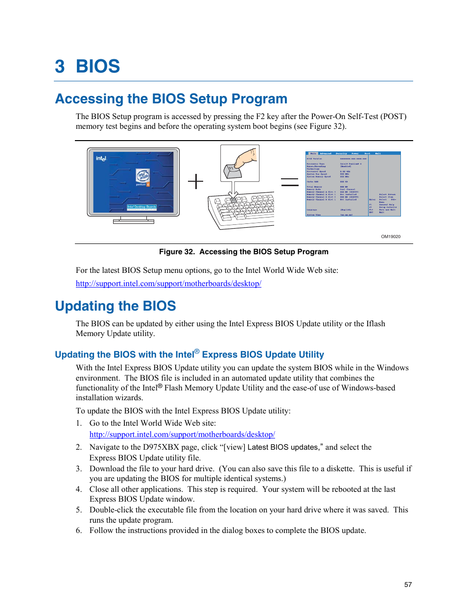 3 bios, Info, Accessing the bios setup program | Updating the bios | Intel D975XBX User Manual | Page 57 / 78