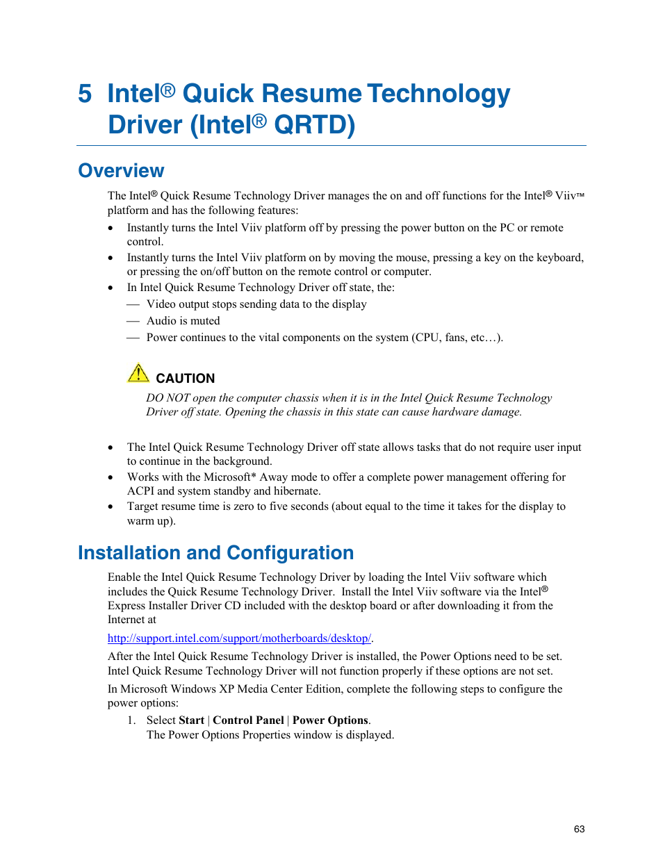 5 intel, Quick resume technology driver (intel, Qrtd) | Overview, Installation and configuration | Intel D975XBX User Manual | Page 63 / 78