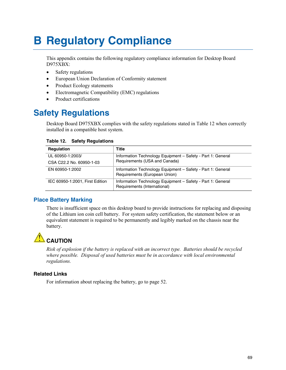 B regulatory compliance, Safety regulations | Intel D975XBX User Manual | Page 69 / 78