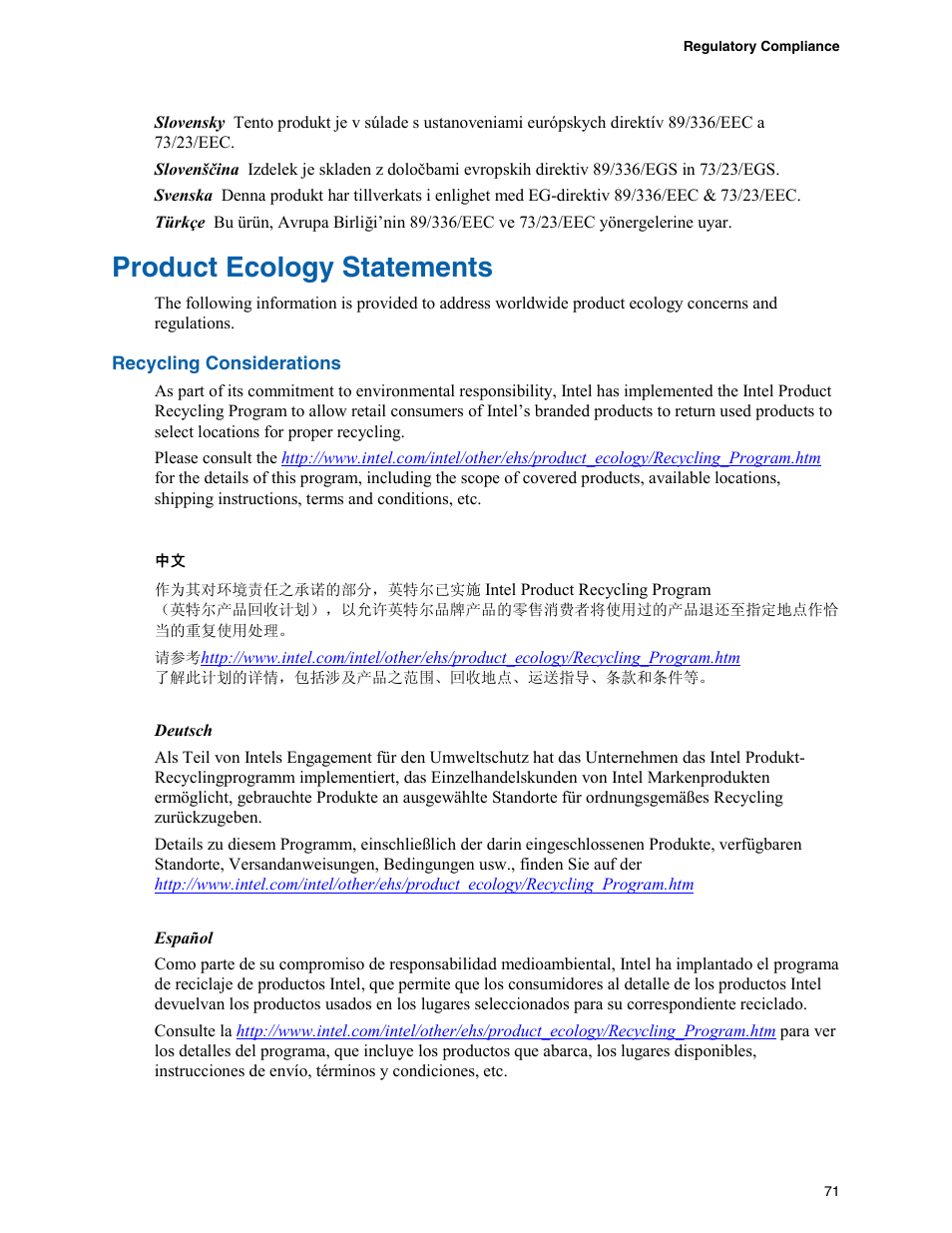 Product ecology statements | Intel D975XBX User Manual | Page 71 / 78