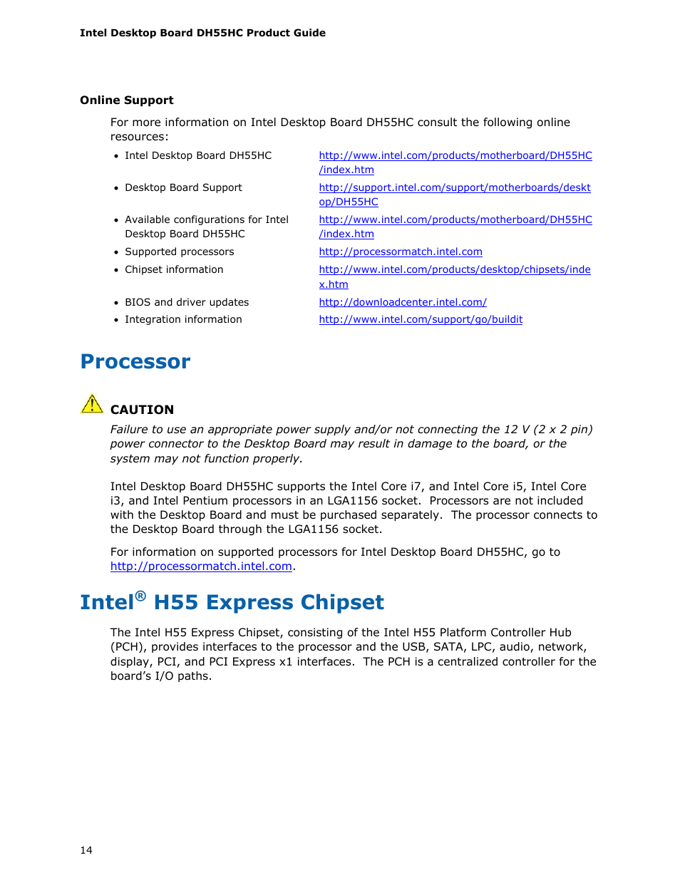 Processor, Intel® h55 express chipset, Intel | H55 express chipset | Intel DH55HC User Manual | Page 14 / 82
