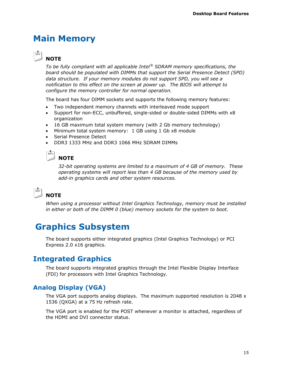 Main memory, Graphics subsystem, Integrated graphics | Intel DH55HC User Manual | Page 15 / 82