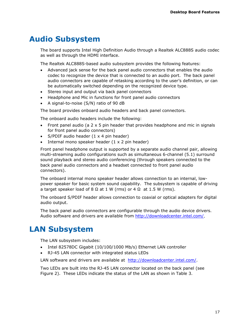 Audio subsystem, Lan subsystem | Intel DH55HC User Manual | Page 17 / 82