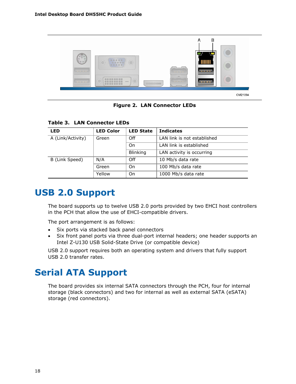 Usb 2.0 support, Serial ata support | Intel DH55HC User Manual | Page 18 / 82