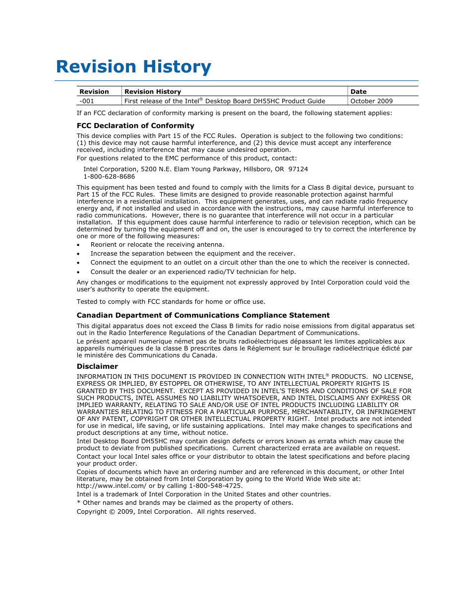 Revision history | Intel DH55HC User Manual | Page 2 / 82