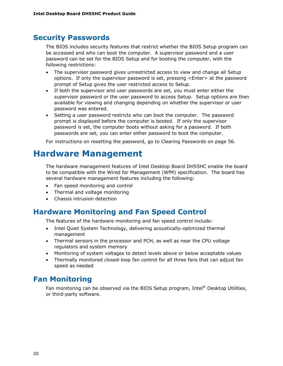 Security passwords, Hardware management, Hardware monitoring and fan speed control | Fan monitoring | Intel DH55HC User Manual | Page 20 / 82