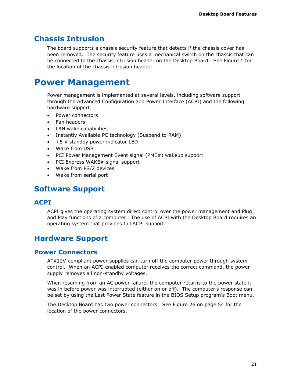 Chassis intrusion, Power management, Software support | Hardware support | Intel DH55HC User Manual | Page 21 / 82