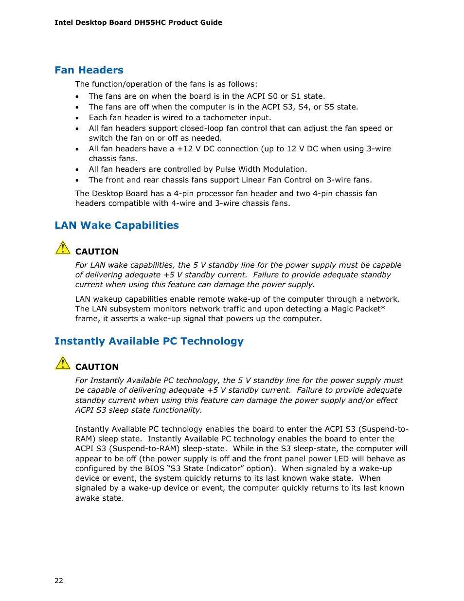 Fan headers, Lan wake capabilities, Instantly available pc technology | Intel DH55HC User Manual | Page 22 / 82