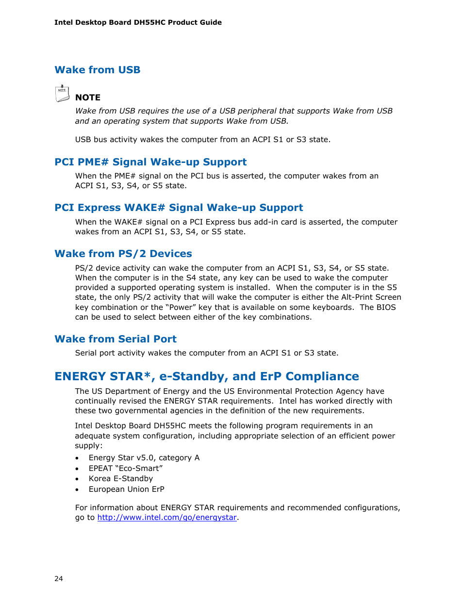 Energy star*, e-standby, and erp compliance | Intel DH55HC User Manual | Page 24 / 82
