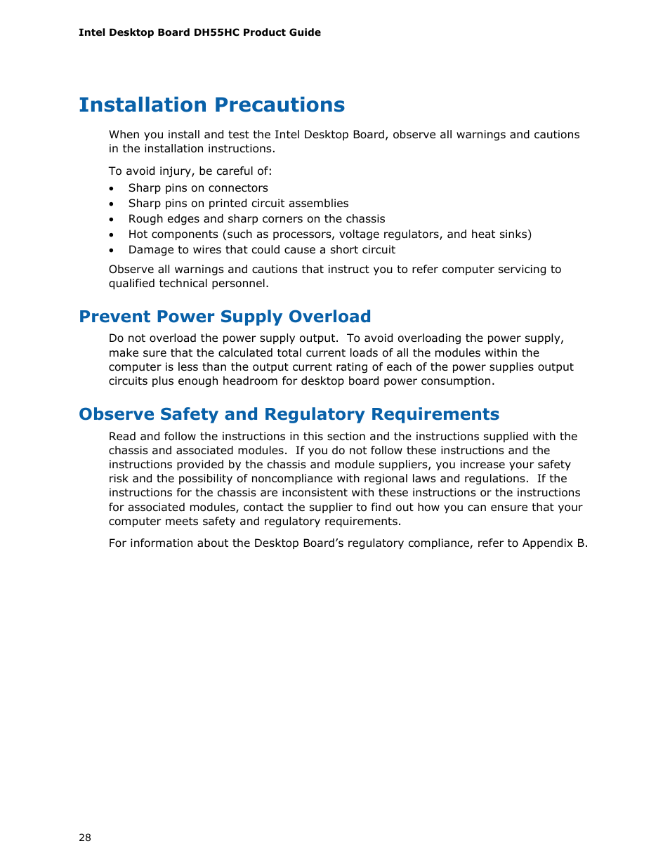 Installation precautions, Prevent power supply overload, Observe safety and regulatory requirements | Intel DH55HC User Manual | Page 28 / 82