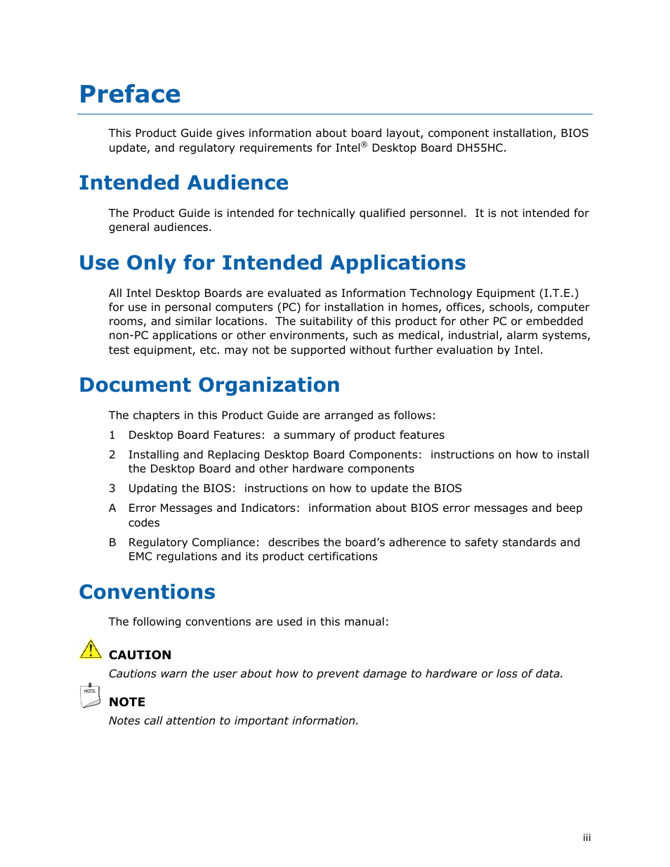Preface, Intended audience, Use only for intended applications | Document organization, Conventions | Intel DH55HC User Manual | Page 3 / 82
