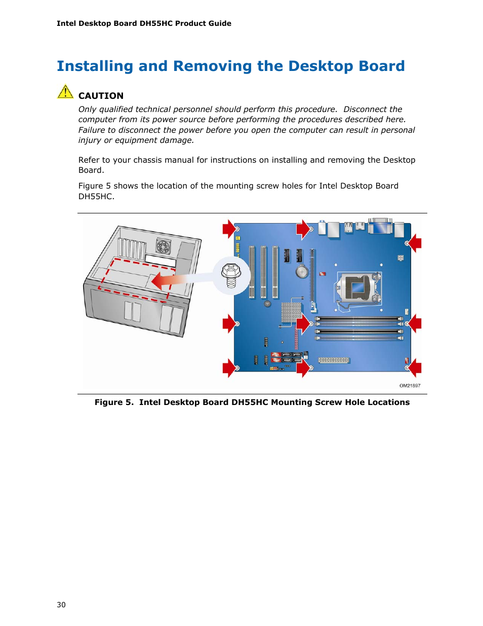 Installing and removing the desktop board | Intel DH55HC User Manual | Page 30 / 82