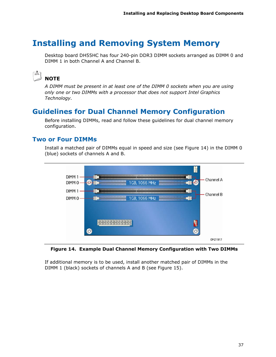 Installing and removing system memory, Guidelines for dual channel memory configuration | Intel DH55HC User Manual | Page 37 / 82