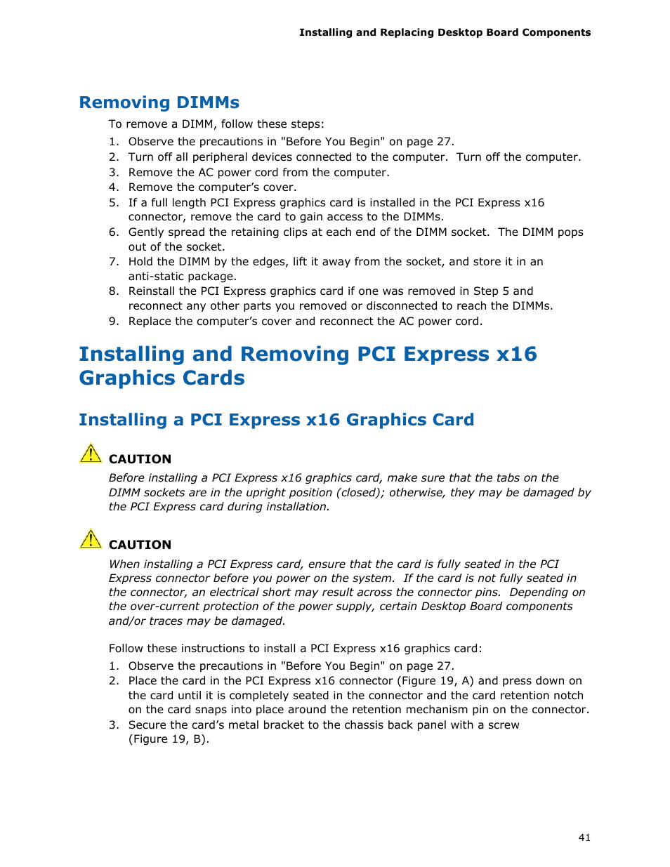 Removing dimms, Installing a pci express x16 graphics card | Intel DH55HC User Manual | Page 41 / 82