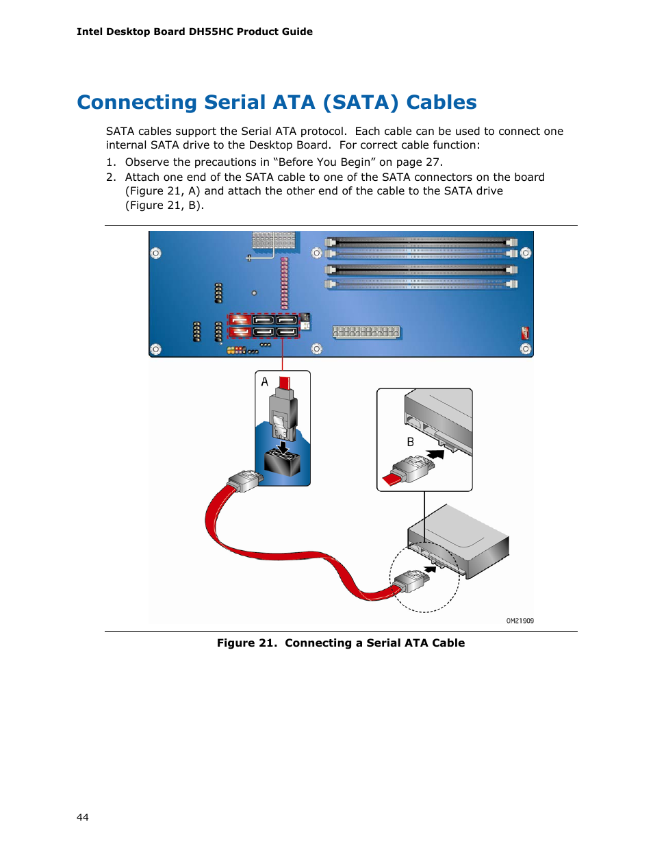 Connecting serial ata (sata) cables | Intel DH55HC User Manual | Page 44 / 82