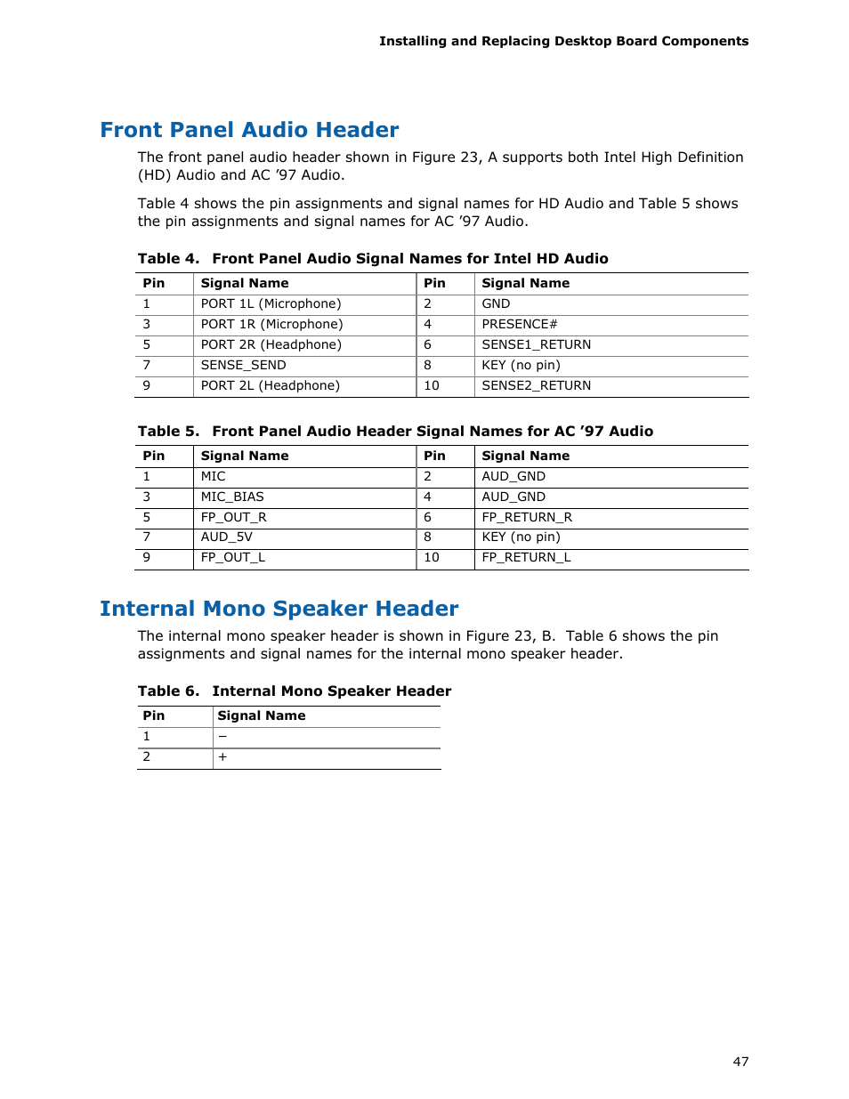 Front panel audio header, Internal mono speaker header | Intel DH55HC User Manual | Page 47 / 82