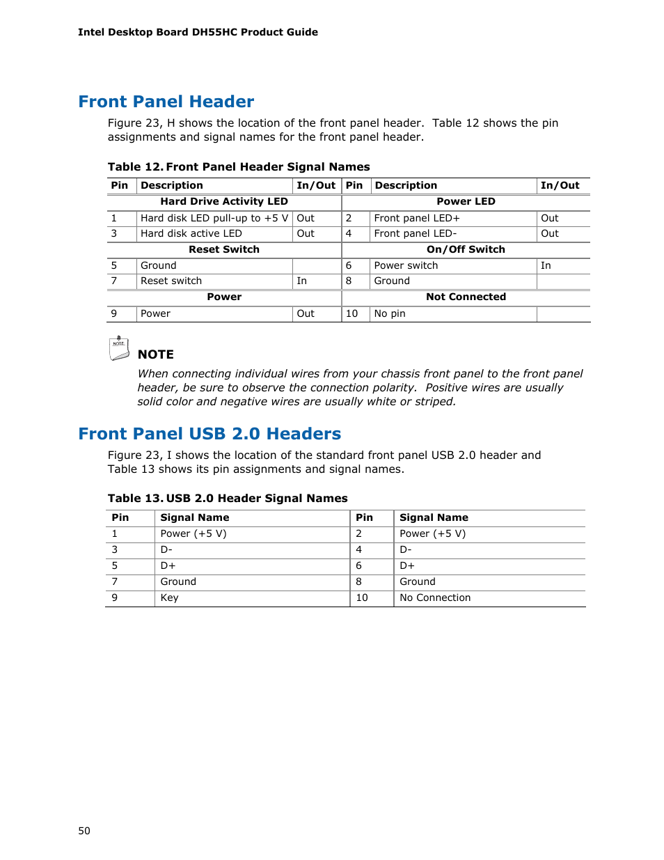 Front panel header, Front panel usb 2.0 headers | Intel DH55HC User Manual | Page 50 / 82