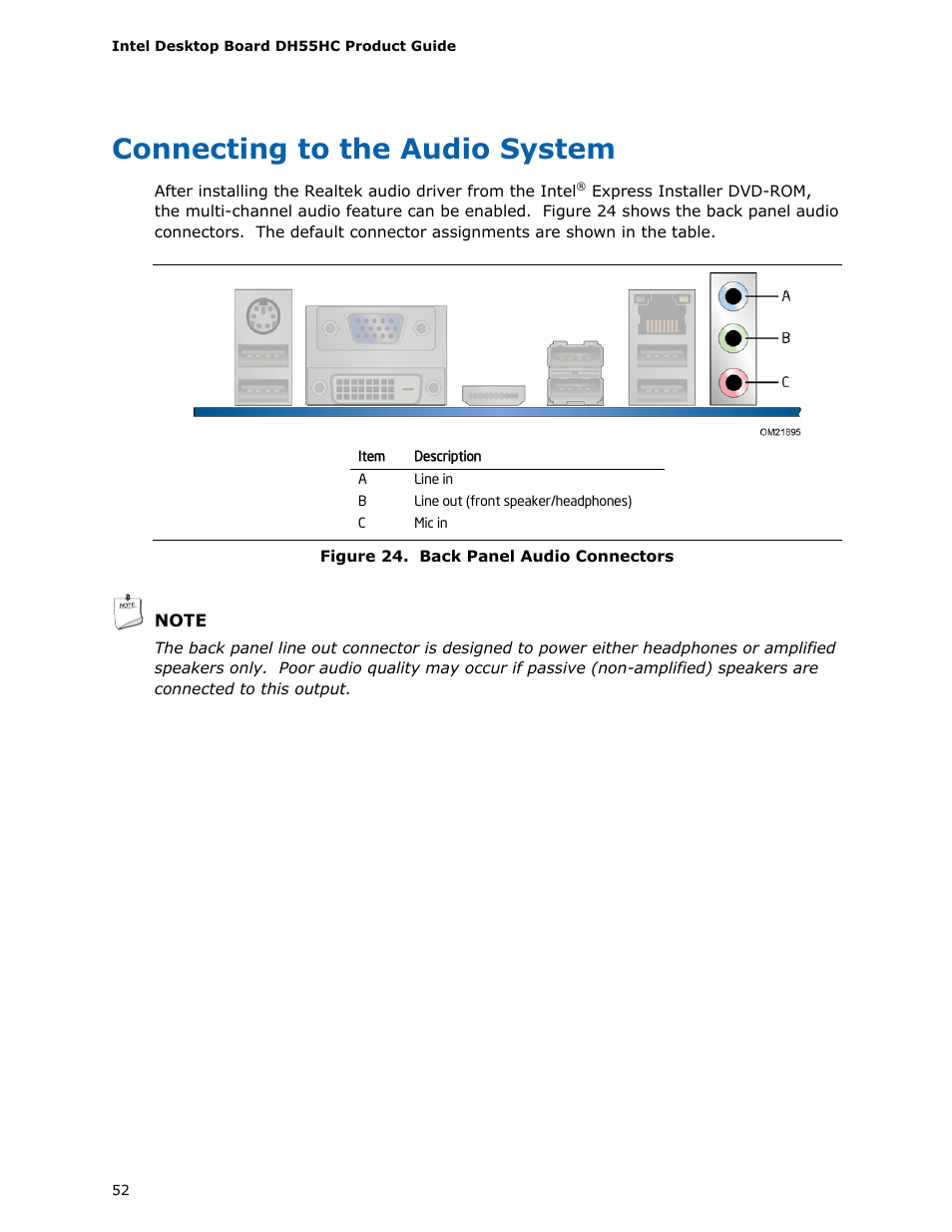 Connecting to the audio system | Intel DH55HC User Manual | Page 52 / 82